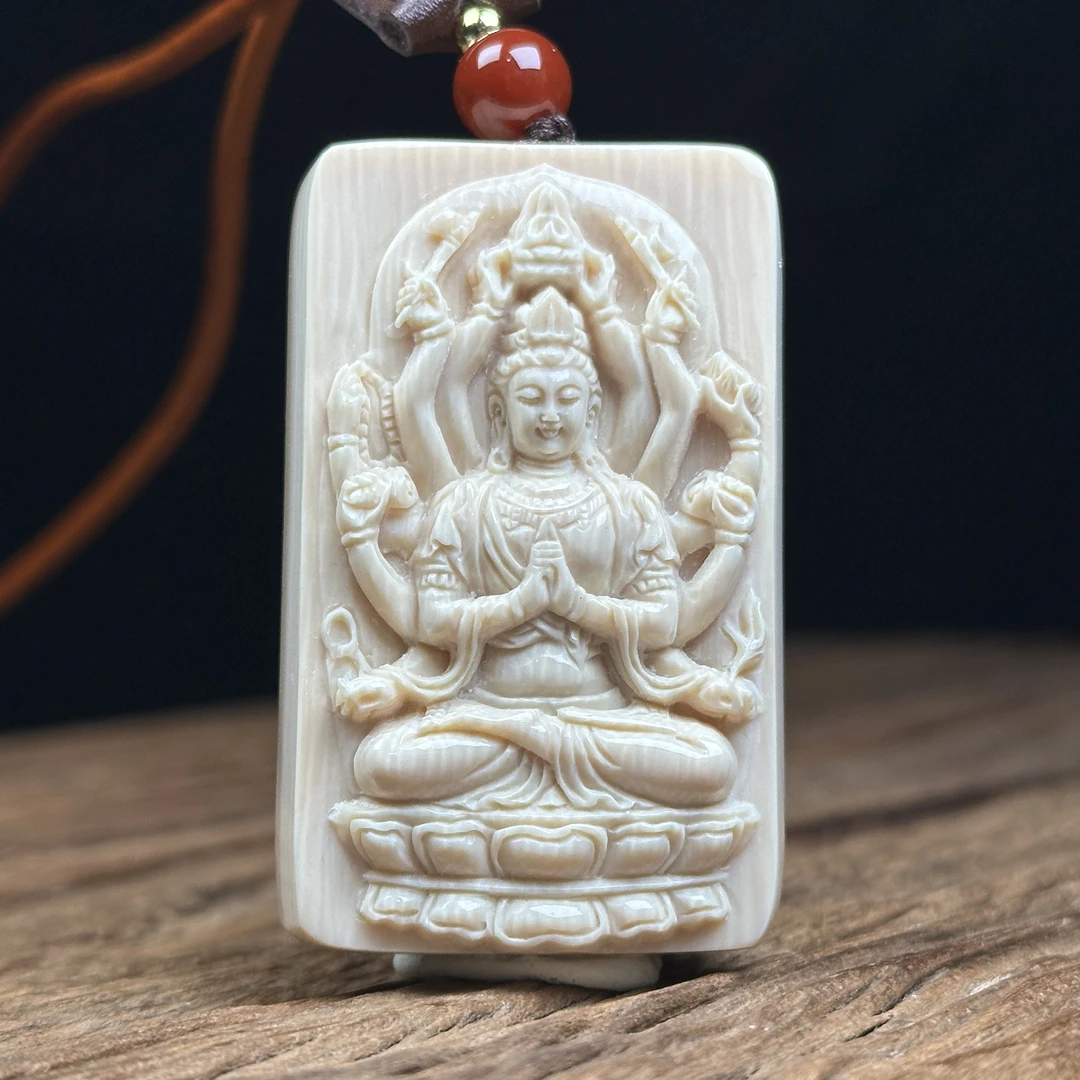 H2715天然猛犸牙雕刻千手观音34*54*11mm支持鉴定 假一罚四