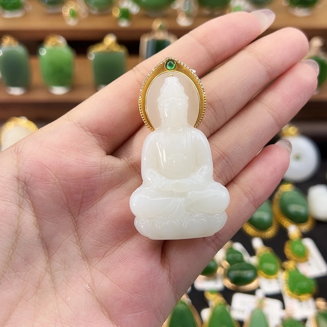 和田玉18K金镶嵌吊坠(不含链)脂膏料白玉观音47mm