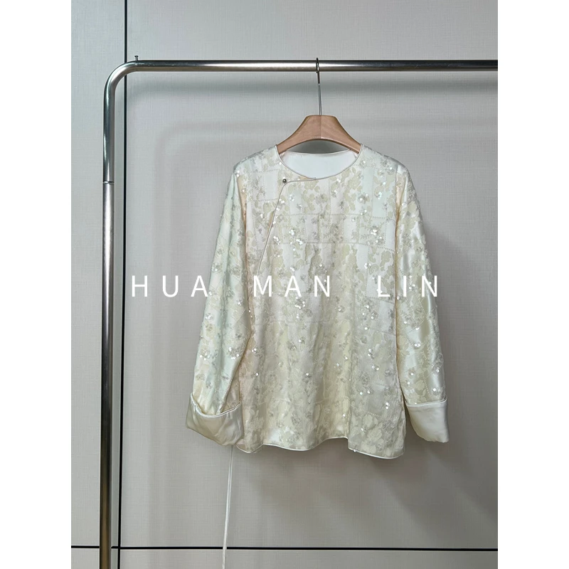 【花满林】圆领正门襟流苏系带刺绣亮片桑蚕丝丝毛上衣253835
