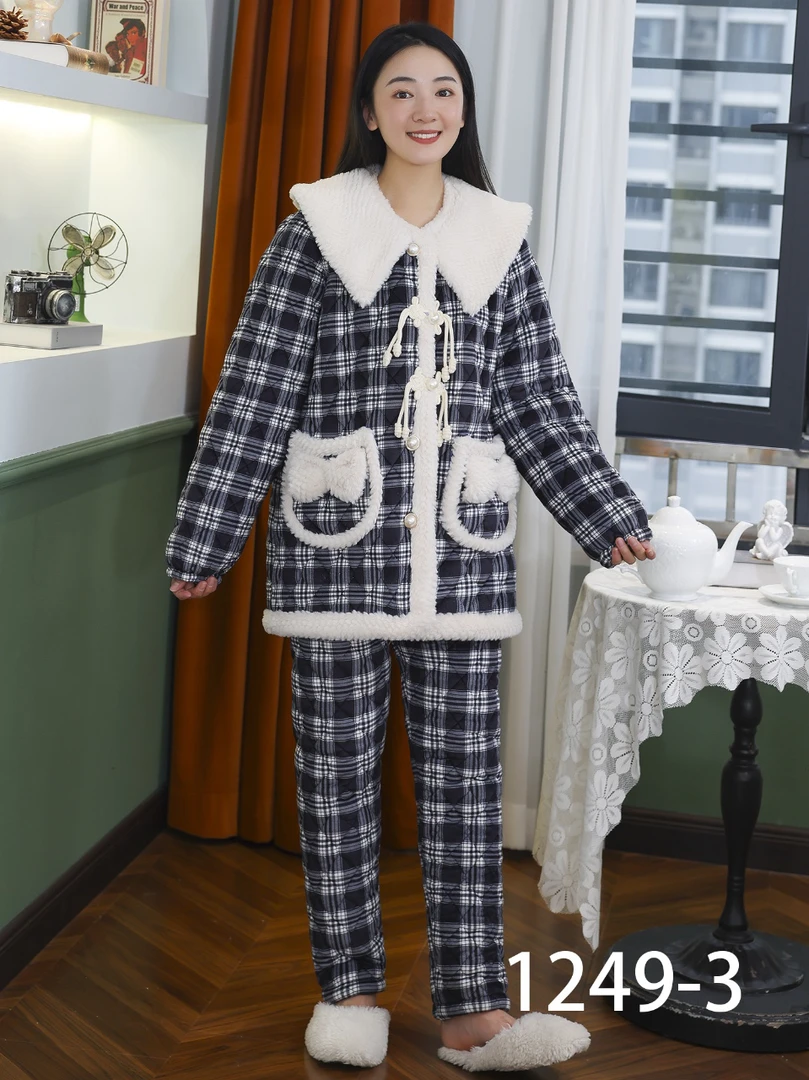 新款格子公主风三层加棉加厚保暖套装家居服1249-3睡衣居家加绒