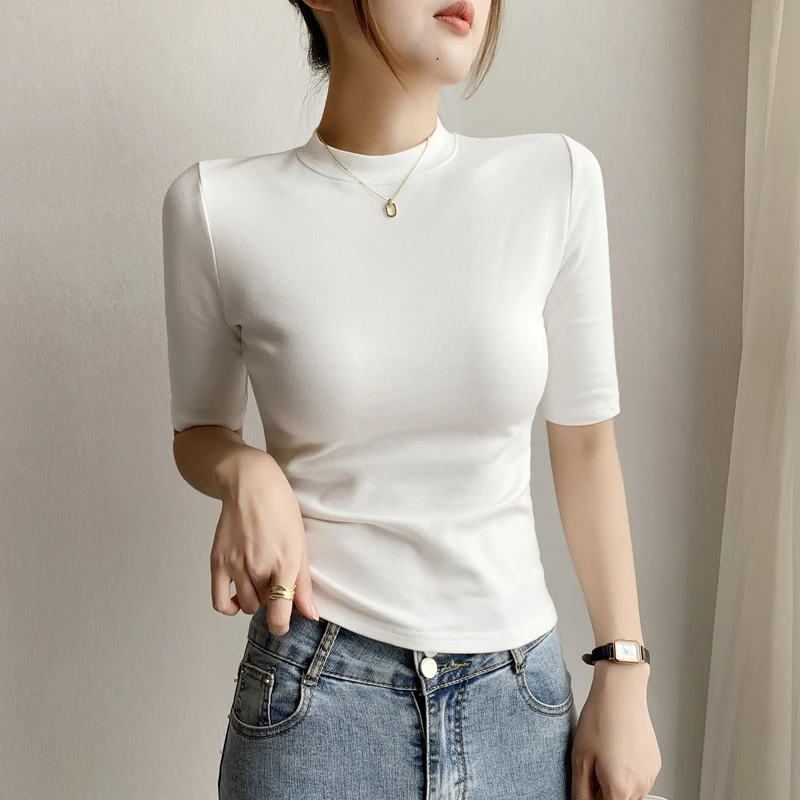 五分袖打底衫女2025春秋季新款修身中袖正肩t恤内搭纯棉白色上衣