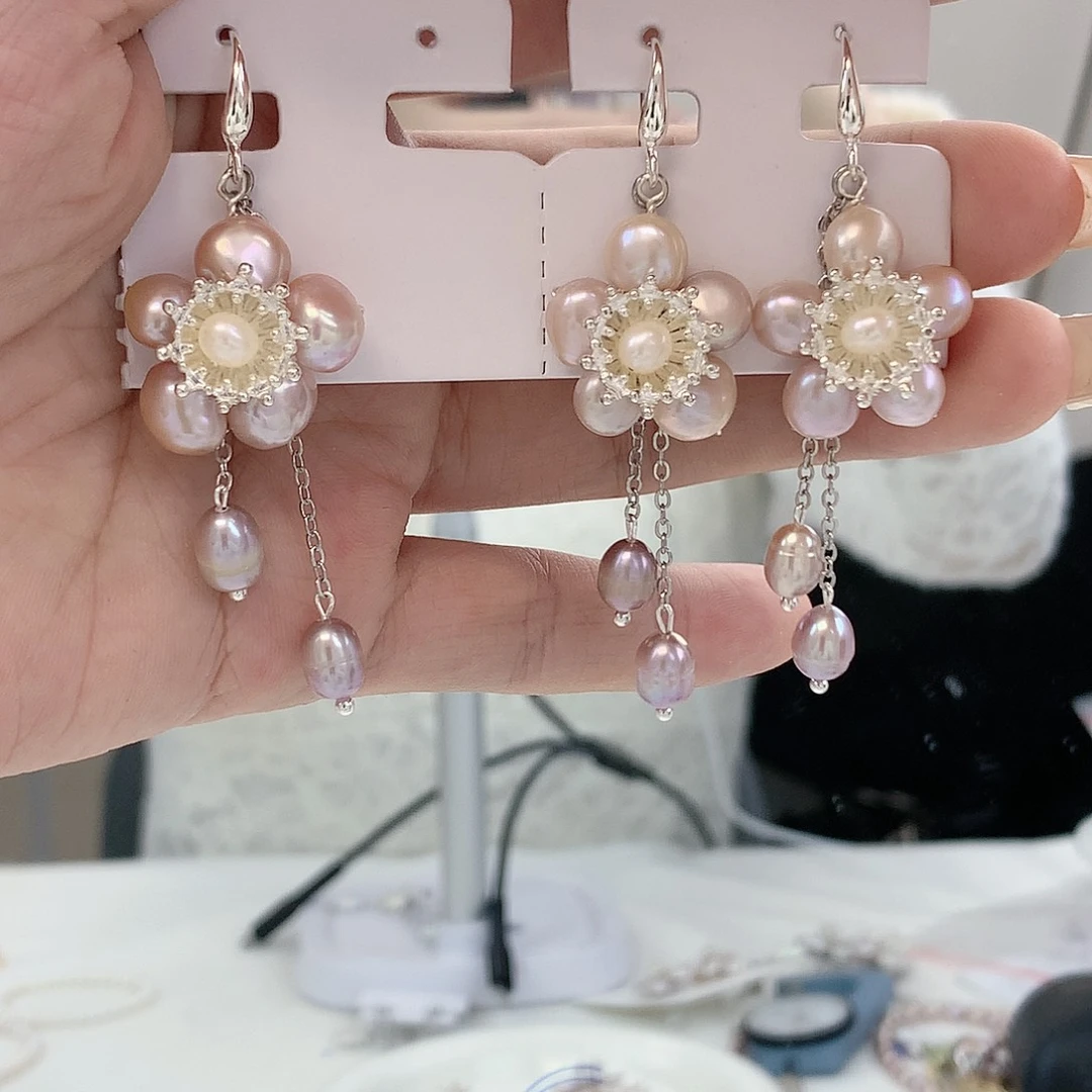 银S925镶嵌耳饰淡水珍珠紫花流苏耳钩