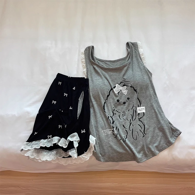 2025新款卡通小狗带胸垫高级感睡衣女夏季莫代尔冰丝无袖背心短裤