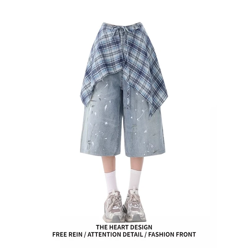 美式复古撞色格纹裙摆泼墨牛仔七分裤女夏季新款宽松直筒阔腿中裤