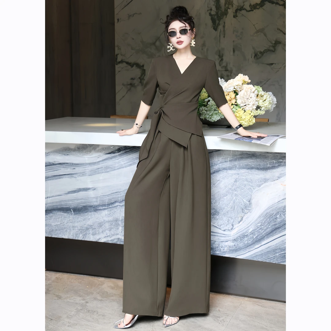 ZEROYK高级感洋气套装2025夏季新款气质V领绑带衬衣阔腿裤两件套