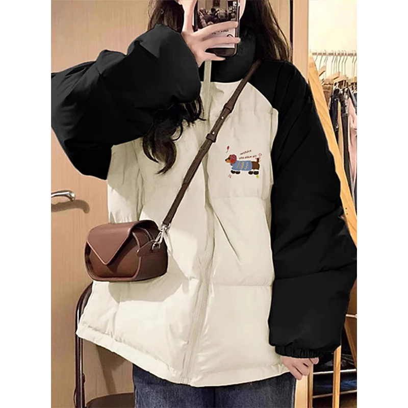 大码女装胖mm韩系学生立领棉服女加厚冬季撞色设计感面包服外套潮