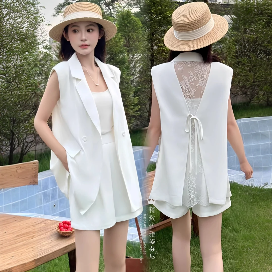 设计感时尚套装女夏季新款蕾丝露背系带结无袖马甲西装气质两件套