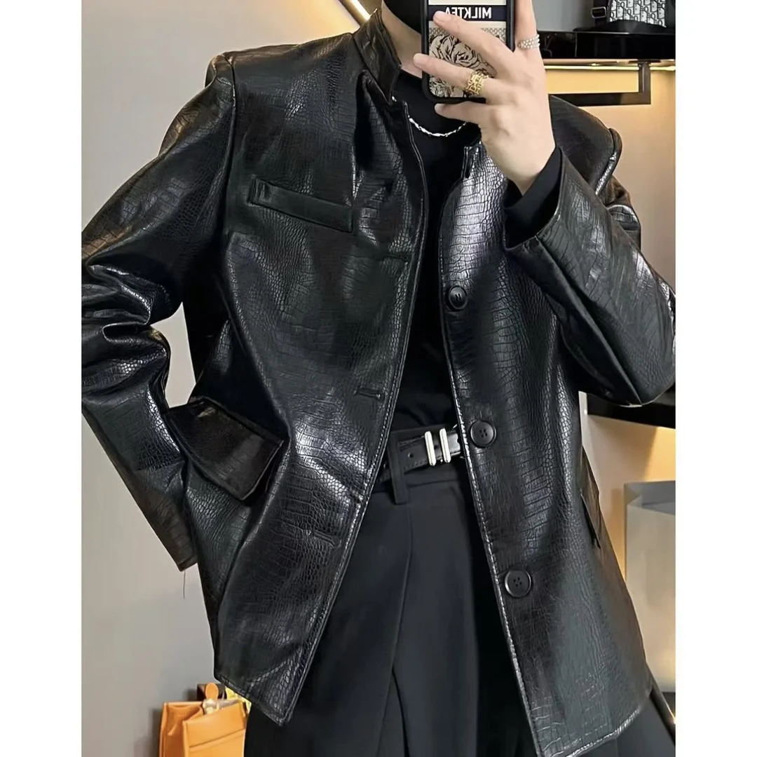 外套1022男士春季机车高品质新中式小立领鳄鱼纹路皮衣外套