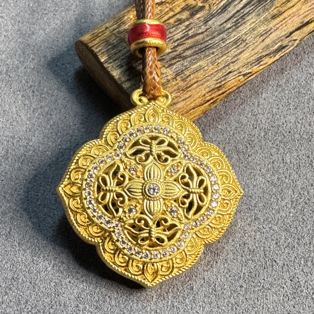 吊坠足银合成锆石 古法花丝镂空镶嵌吊坠项链金色中式国风套链