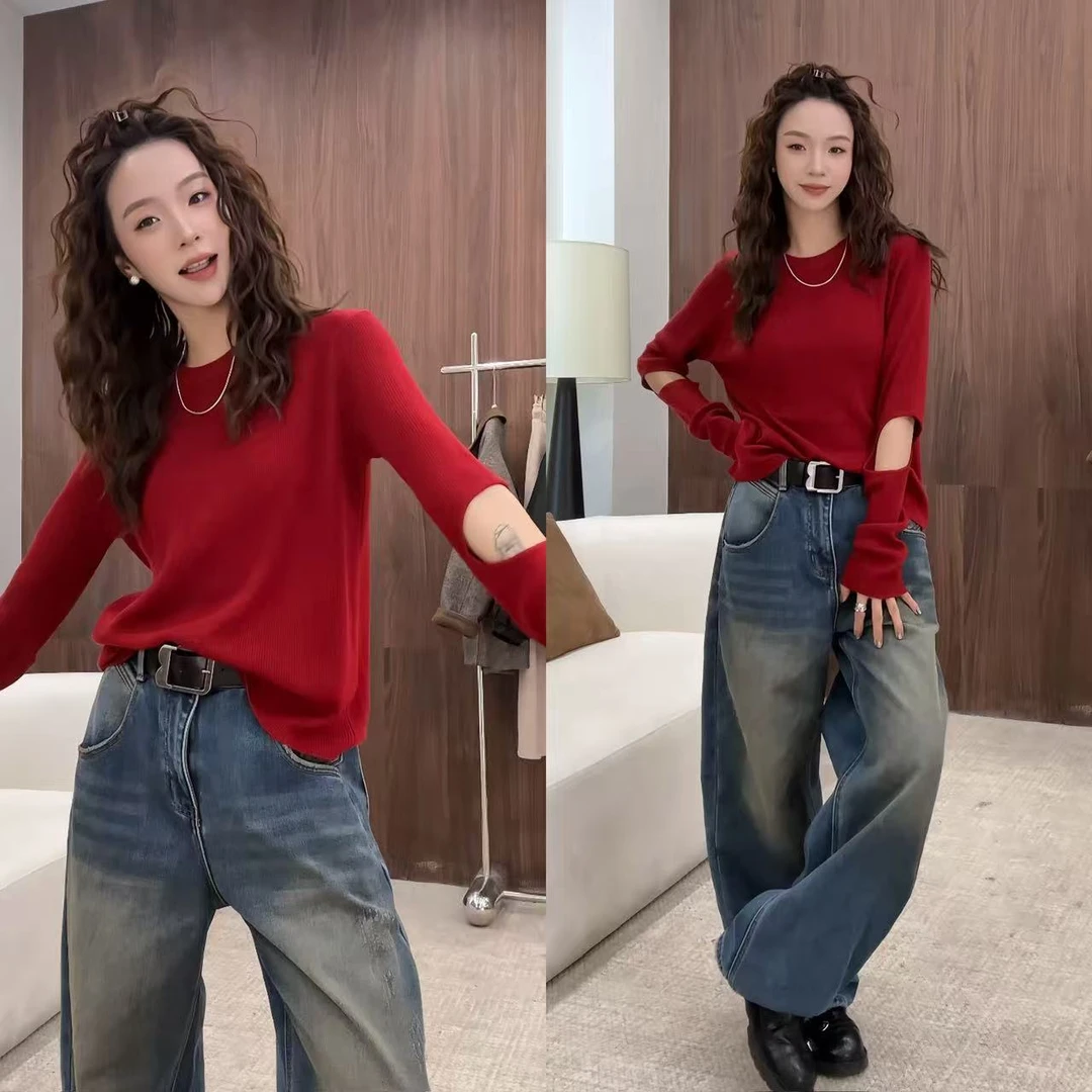 小静静一会【断袖针织衫】2025秋冬新款百搭显瘦打底上衣 2512C9035