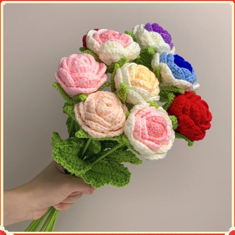 玫瑰花编织花束假花手工钩针仿真花毛线花朵成品情人节教师节礼F