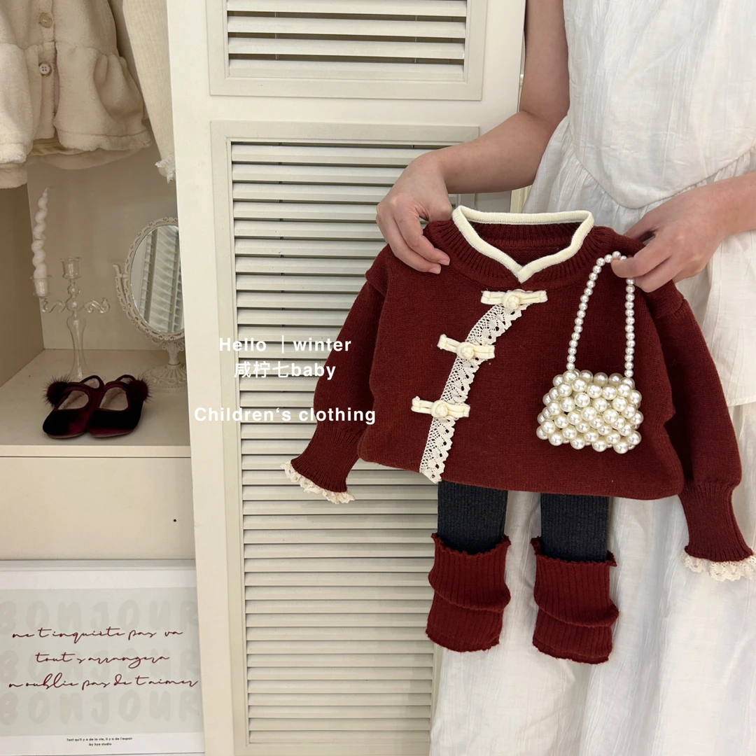 【现】女童毛衣秋冬款新款洋气儿童针织上衣冬季童装红色新年拜年服