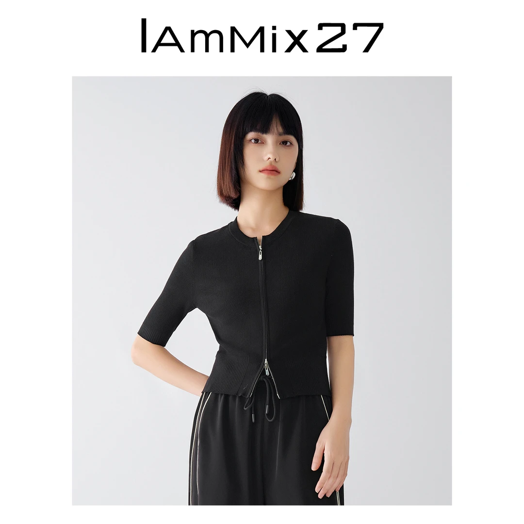 Iammix27黑色针织开衫女简约五分袖双拉链针织上衣女M4A5811