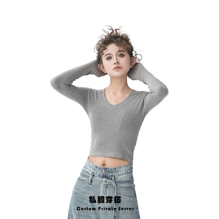 Moses Queen「休闲搭配」春秋时尚设计感纯色V领百搭显瘦上衣