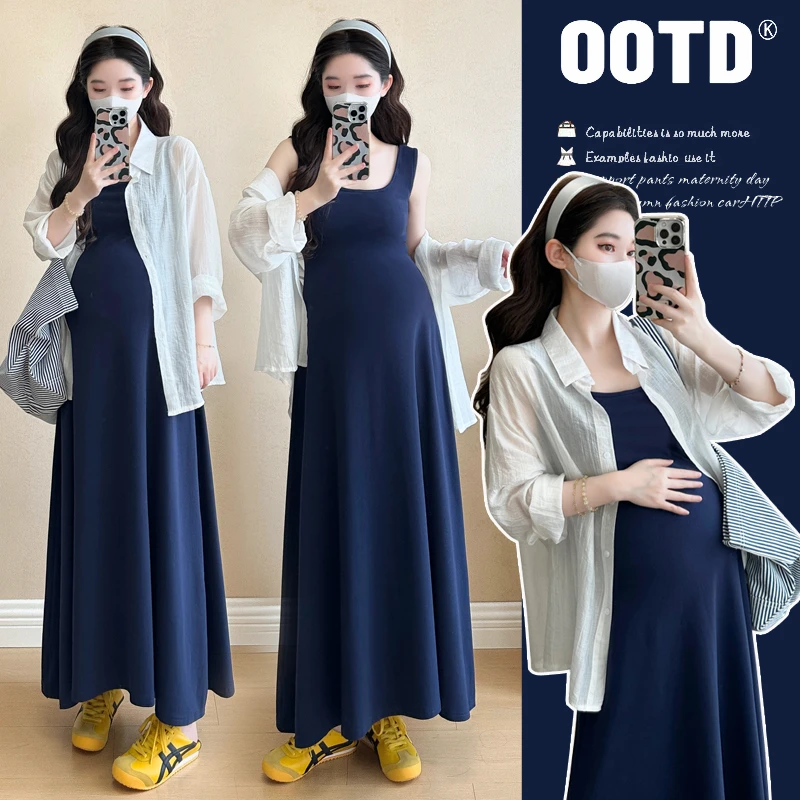 2025新款孕妇装夏装套装时尚宽松显瘦吊带连衣裙外穿夏天薄款开衫