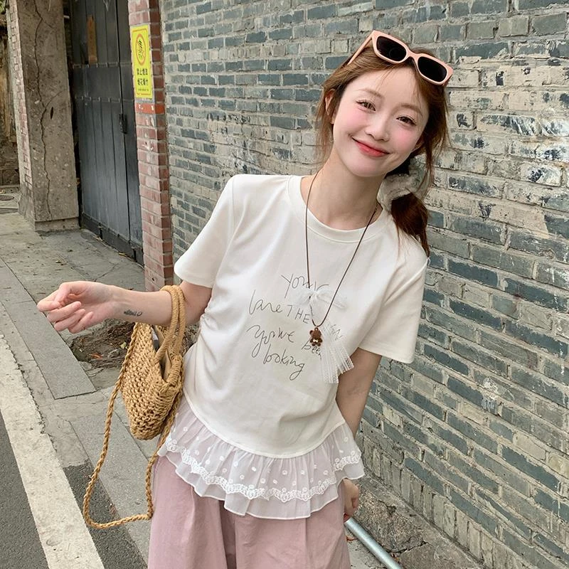 oversize上衣潮短袖t恤女夏季美式正肩拼接网纱短款圆领打底小衫