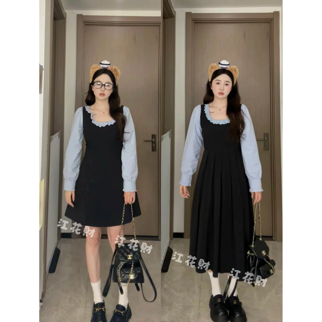 法式简约高级感花边领撞色长袖假两件收腰A字连衣裙