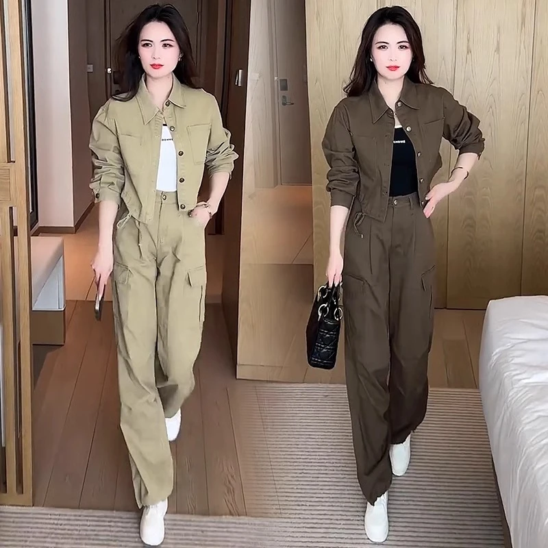 时尚牛仔套装女2025春秋新款洋气显瘦短外套工装阔腿裤休闲两件套