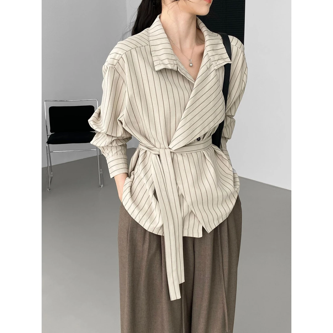 2025 高智感女主 韩系通勤气质条纹衬衫立领系带收腰长袖衬衣