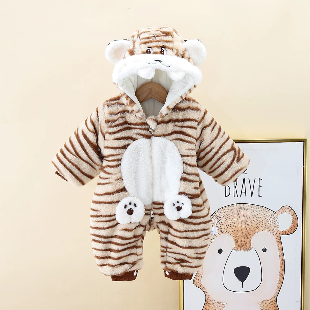 婴幼儿冬季薄款条纹虎厚棉哈衣可爱超萌外出加绒加厚爬服