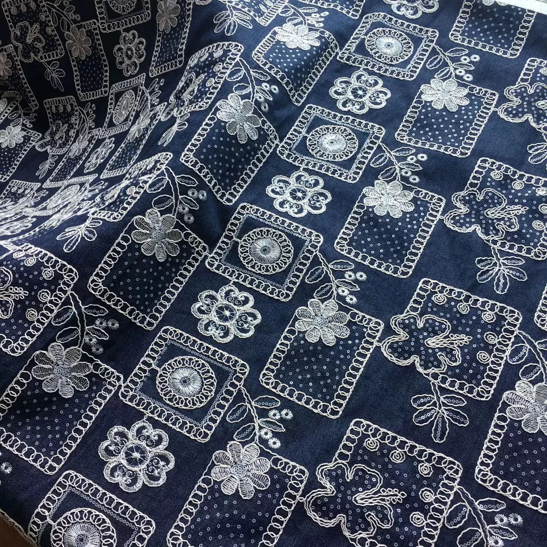 高定 仿牛仔立体绣花贝母片国风高级面料