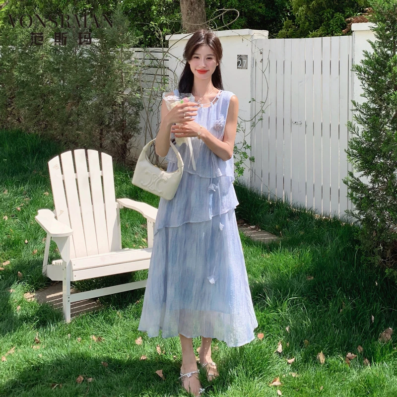 法式气质蓝色连衣裙女仙女2025夏季新款高级感显瘦无袖背心长裙子