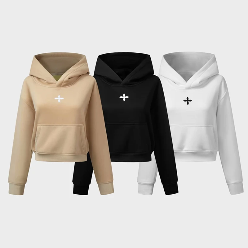 美式复古十字花立体绣短款连帽卫衣女款秋冬季时尚休闲长袖帽衫潮