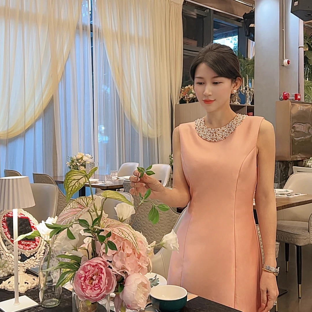 【赤橘鎏光】AN003安妮老板 千金名媛重工镶钻气质有口袋无袖连衣裙