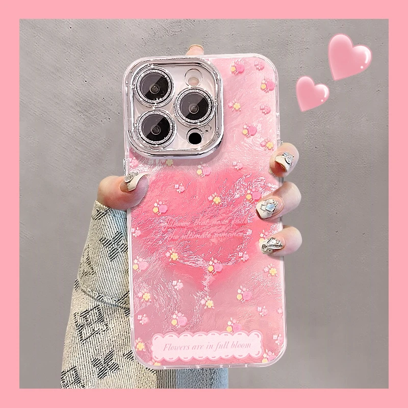 爱心碎花适用苹果15华为vivo/oppo小米iPhone16精孔冰川纹手机壳