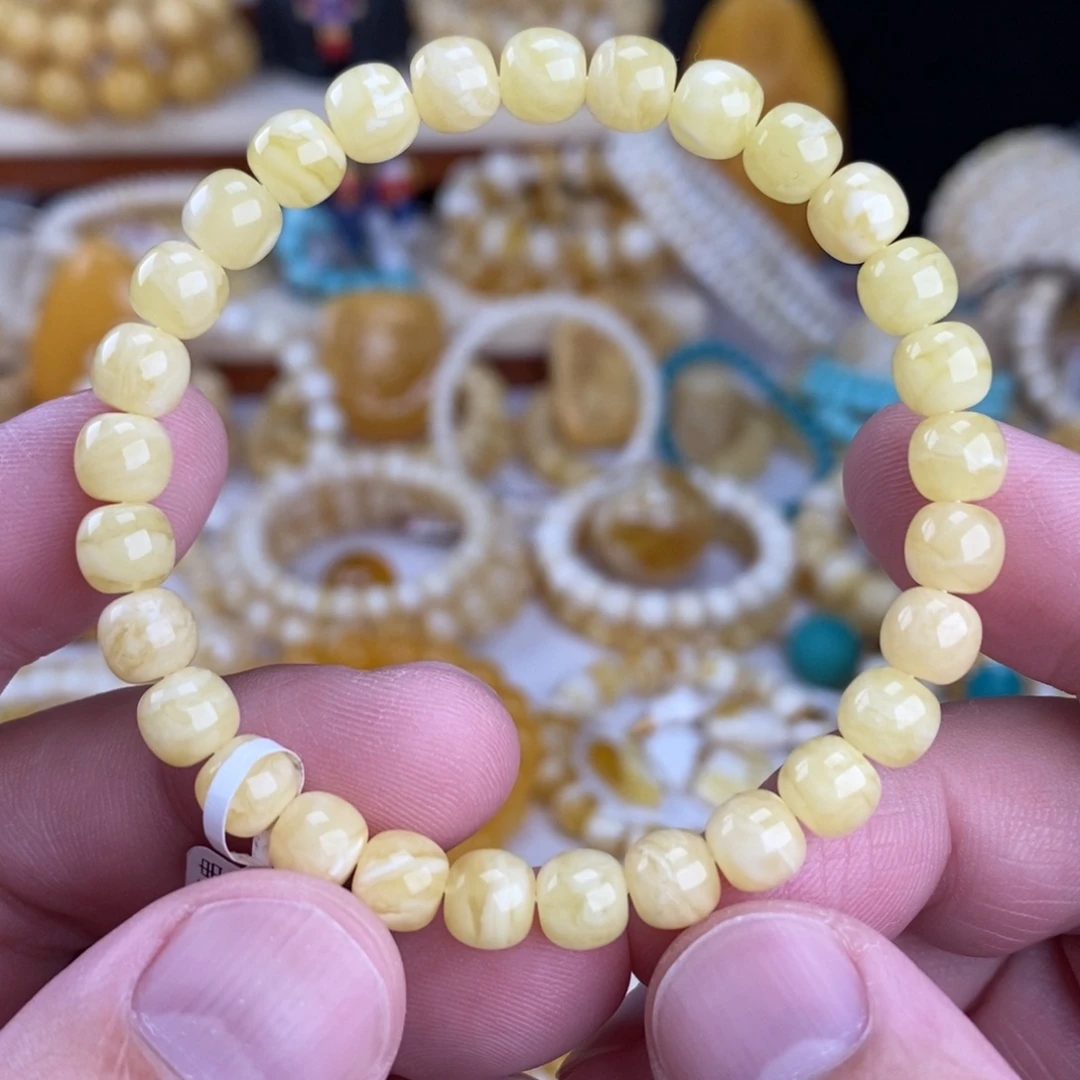 蜜蜡未镶嵌手链浓蜡瓷白花7mm高桩