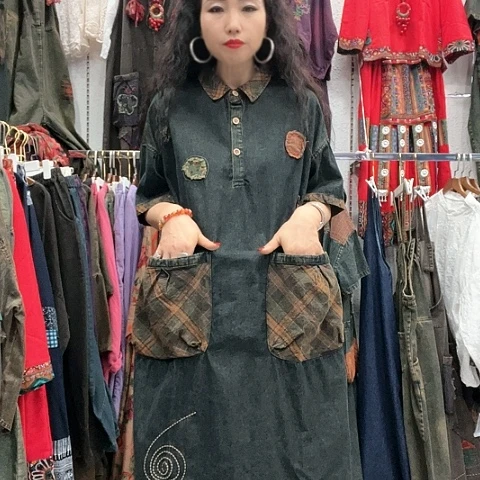 刺绣招财猫牛仔连衣裙衬衫领