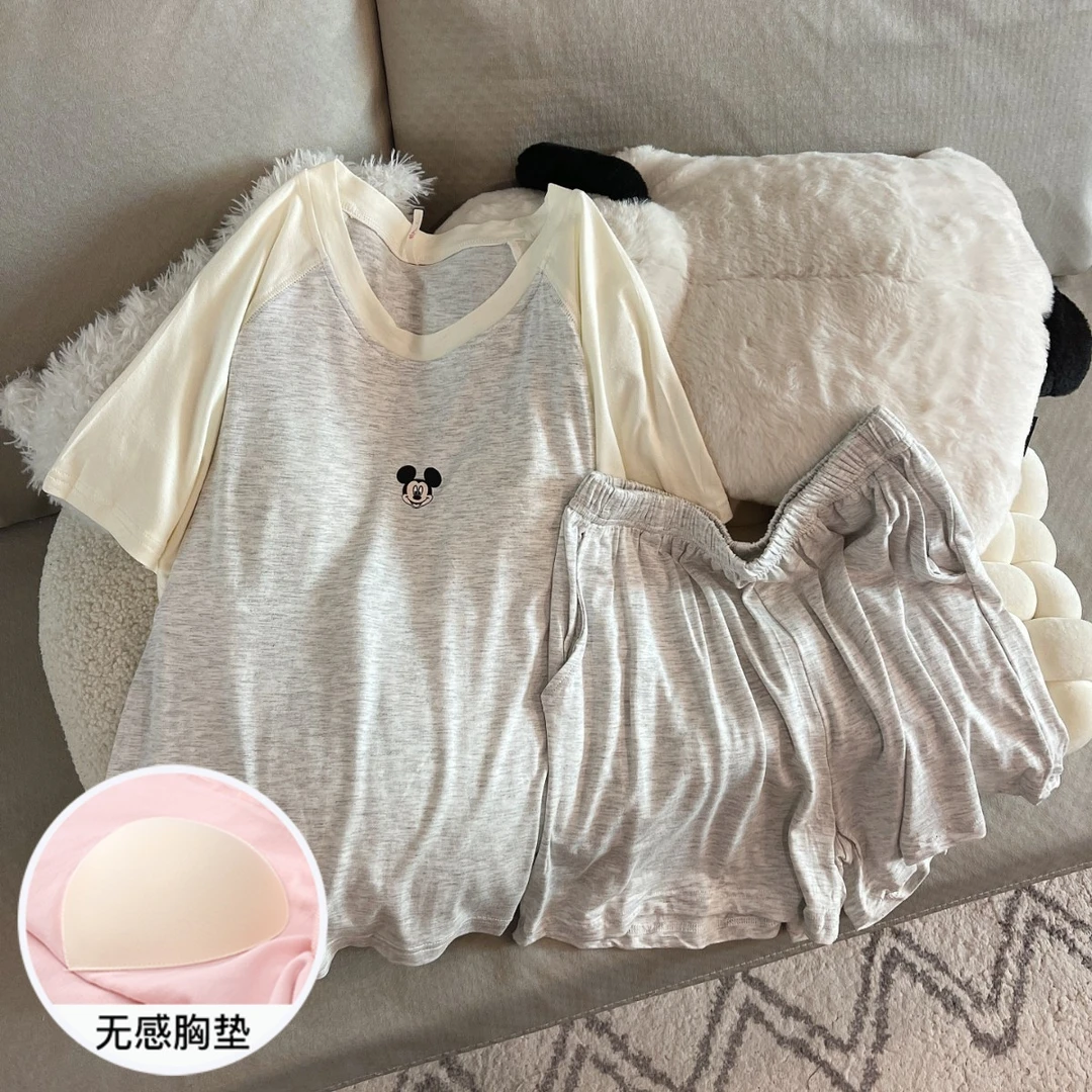 睡衣女夏季可外穿带胸垫2025新款大码短袖凉感杏边米奇套装家居服