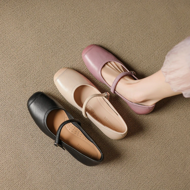 【 跟高1.5CM 】里外全真皮紫色一字带平底玛丽珍鞋女单鞋