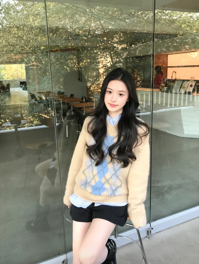 2025秋冬新款经典复古菱形v领长袖毛衣柔软宽松针织上衣休闲短裤