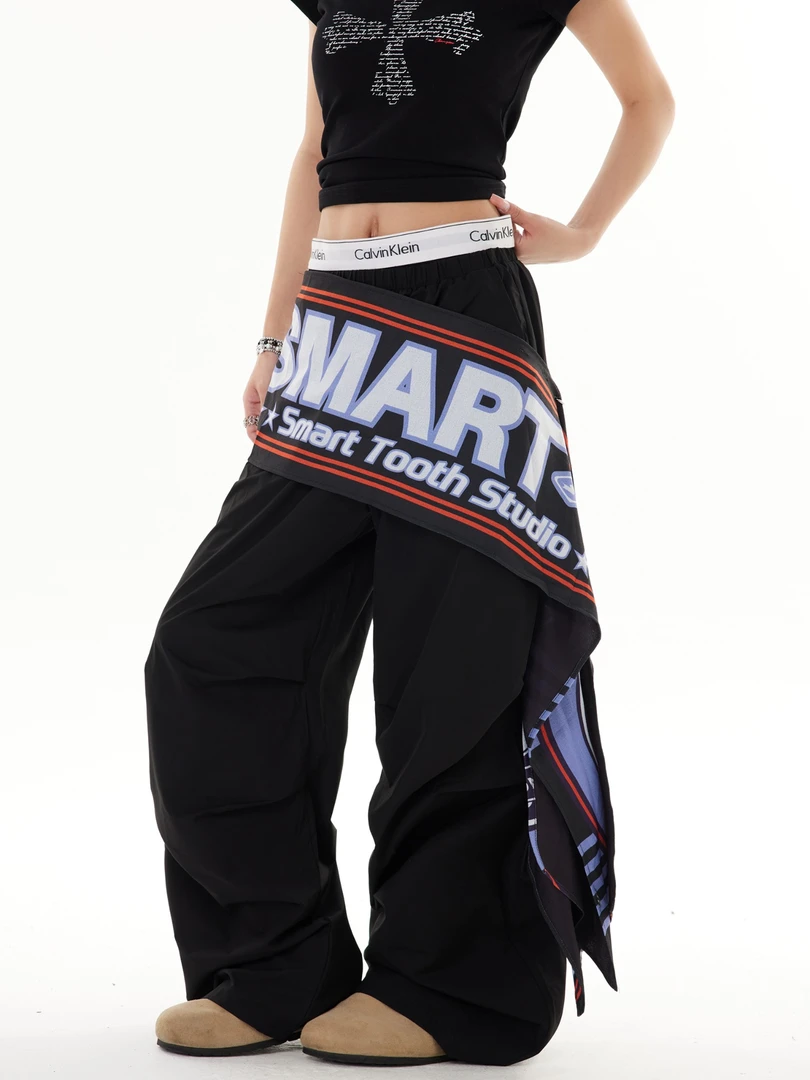 2025屁帘裤子黑色腰封带扣美式复古潮流