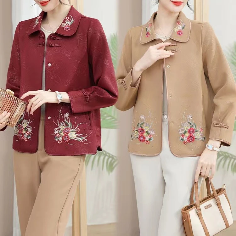 春秋新款短款绣花洋气中老年女装妈妈装外套翻领奶奶装上衣66651