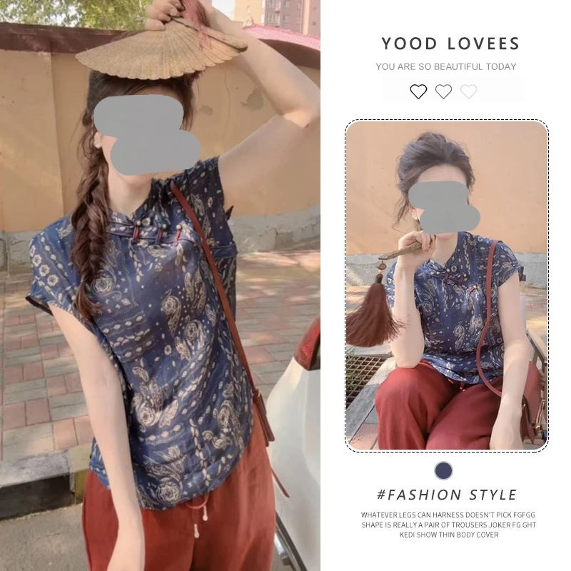 新中式国风印花斜襟短袖衬衫女2025夏季新款爆款小衫衬衣上衣潮