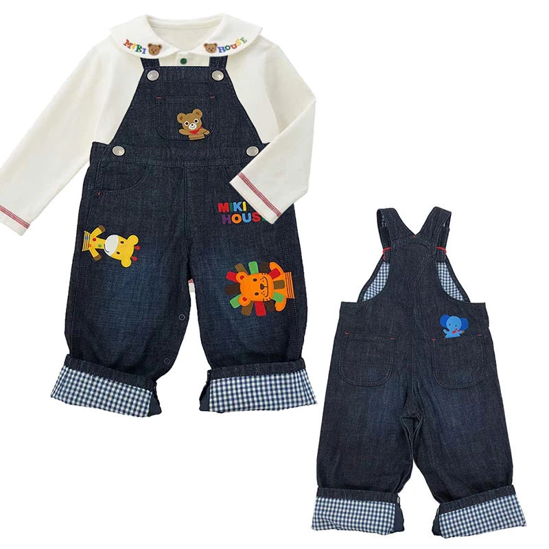 现货miki长裤秋季新款儿童卡通可爱小熊动物园刺绣牛仔背