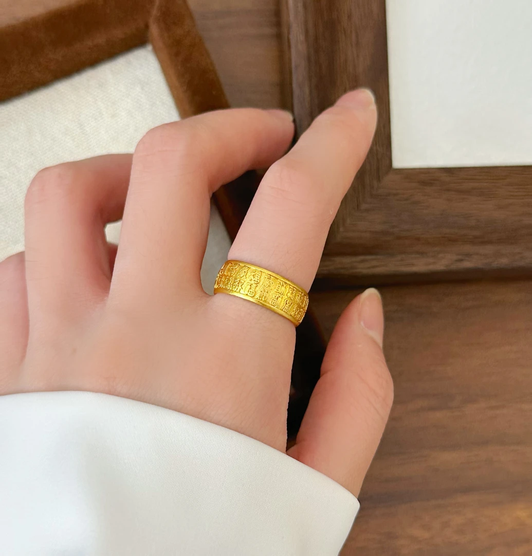 J141 宽面百福开口戒指 开口可调复古女戒小众设计