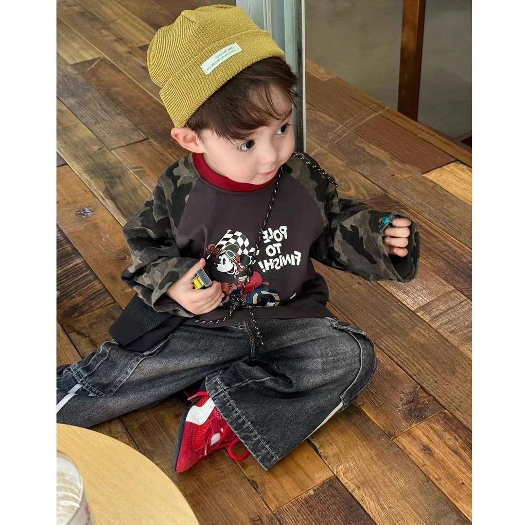 男童2025秋季新款儿童韩版卡通迷彩拼接卫衣水洗牛仔裤两件套FY