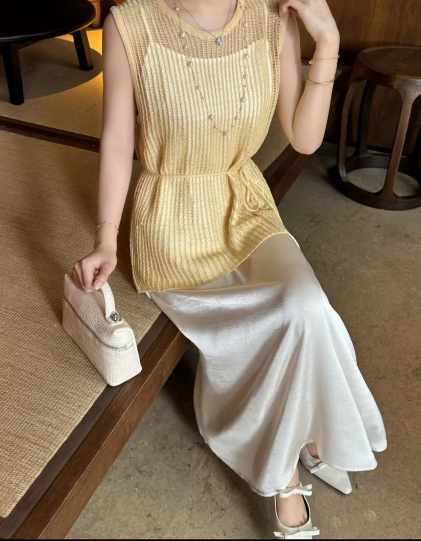 【99106】水#镂空上衣+吊带裙【两件套】