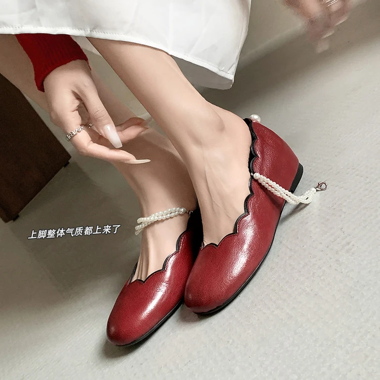 浅口单鞋女2025年春季时尚内增高花边软底玛丽珍气质珍珠复古中跟