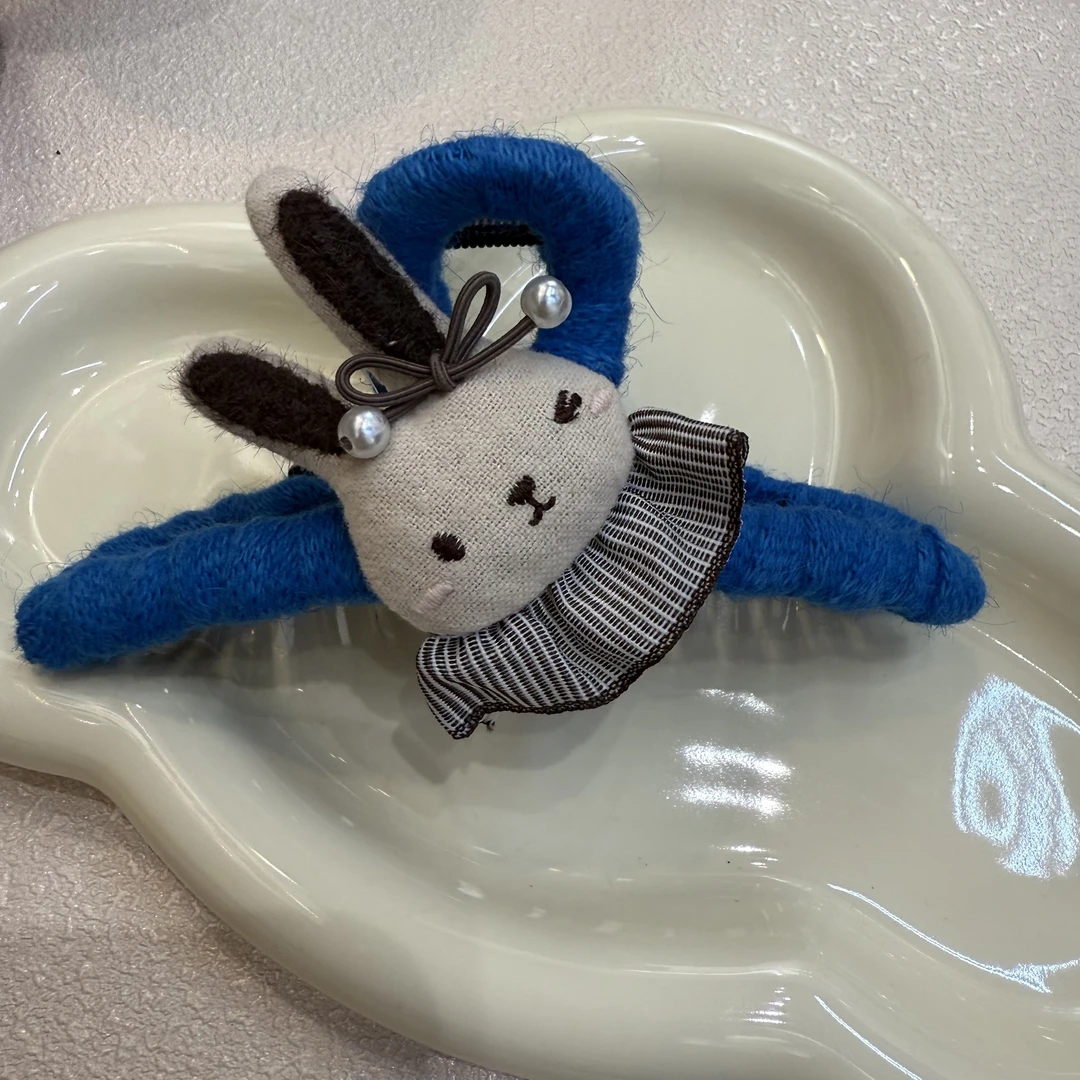 A926蓝色兔子豹纹爱心AB面毛线泡菜款大抓夹