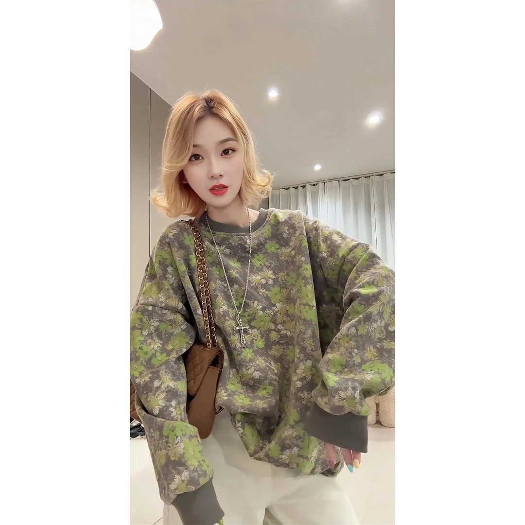 欧洲站2025早秋新款时髦百搭减龄长袖圆领小碎花圆潮流套头卫衣女