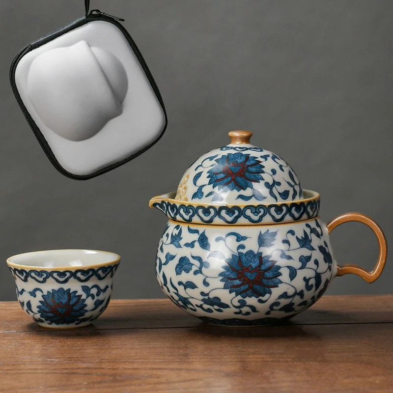 青花汝窑旅行茶具套装户外露营便携泡茶壶个人专迷你茶具