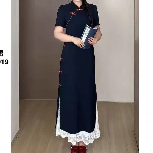 1063-2025年夏季新款时尚气质显瘦国风旗袍连衣裙+蕾丝裙两件套