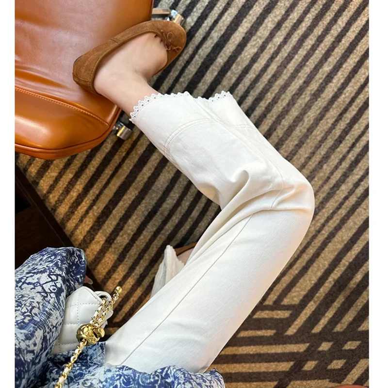 蕾丝边牛仔裤女薄款春夏裤子弹力九分裤女翻边2025年夏季百搭外穿