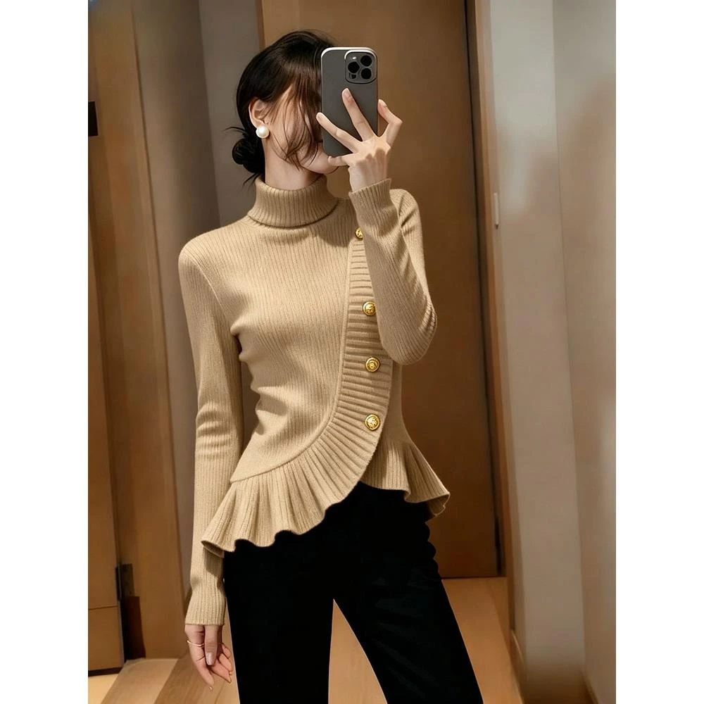 卡其色毛衣女秋高端时髦洋气小众设计感巨好看掐腰荷叶边针织上衣