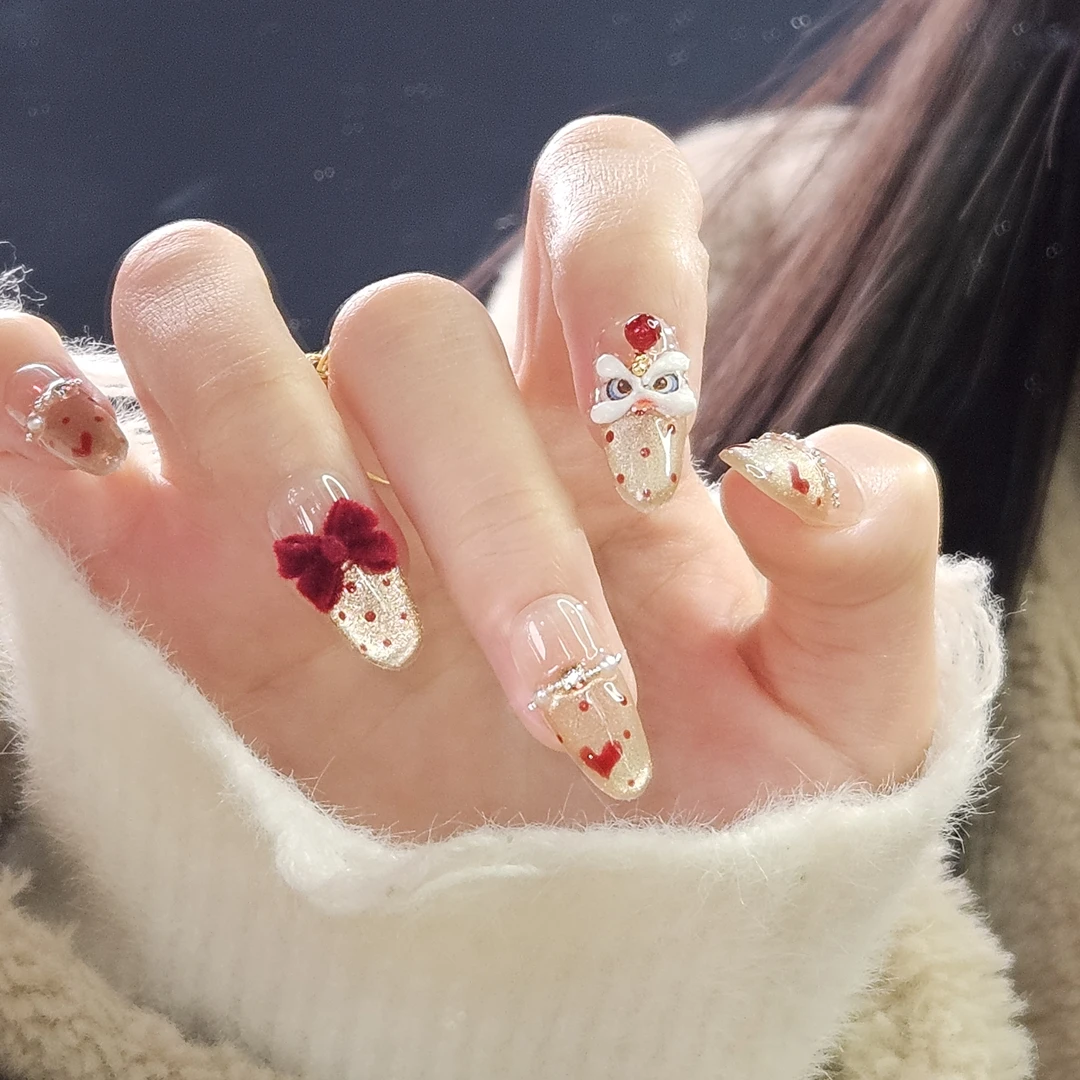 【心悦醒狮-金色】纯手工穿戴甲新年美甲贴10片装