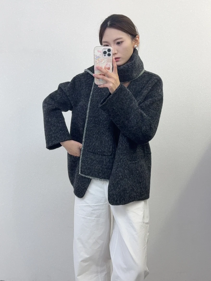 双面羊毛大衣女秋冬高级时尚小个子围巾款洋气羊毛呢外套25268